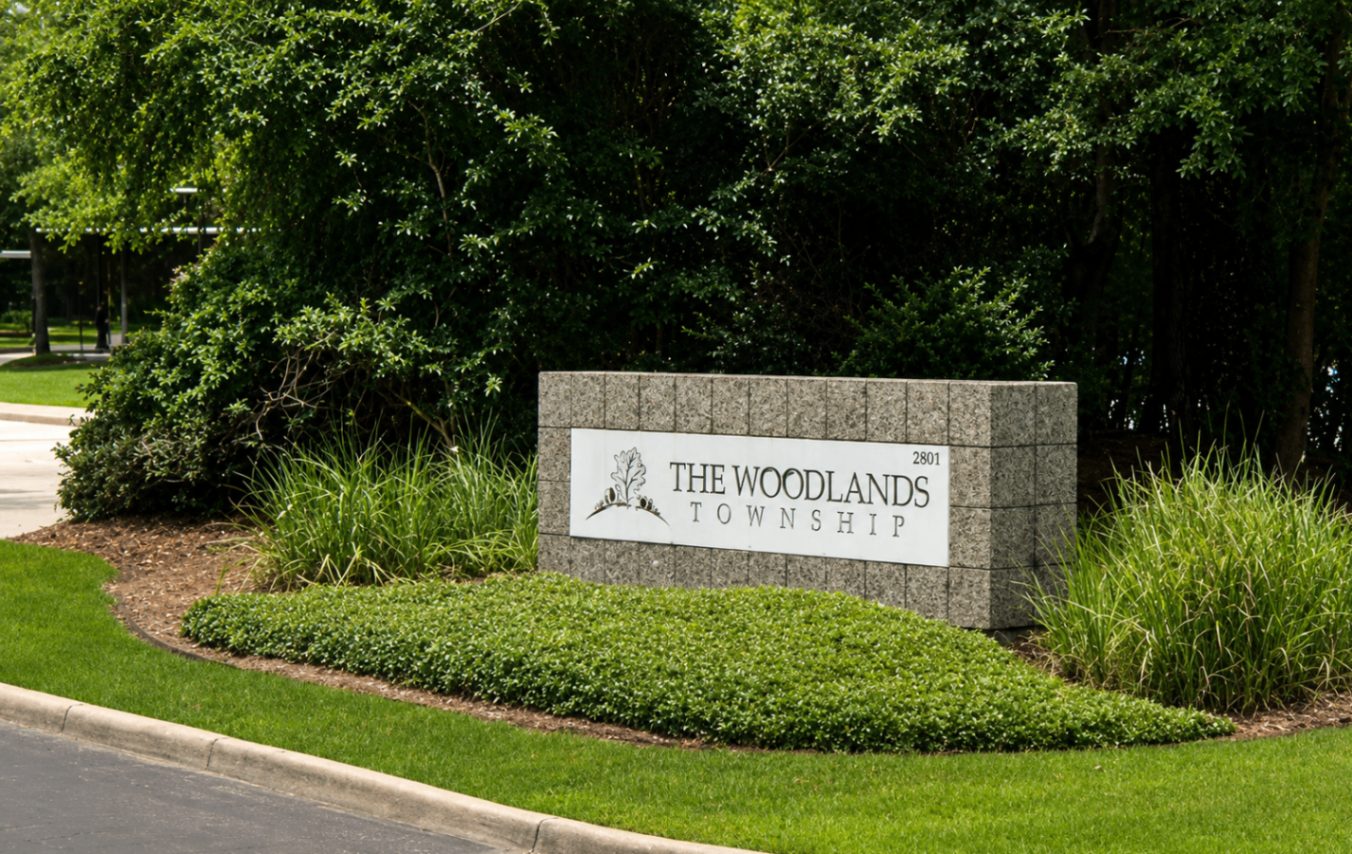 The Woodlands Township monument sign among the pines